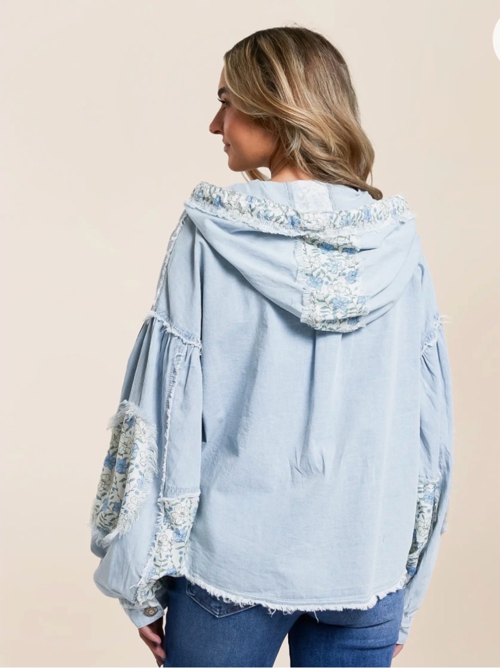 POL Light Weight Blue and  Floral Hooded Denim Shirt Jacket - Picture 3 of 8